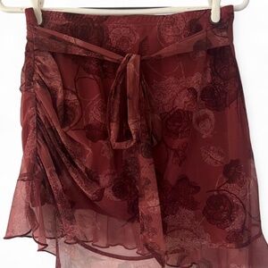 Burgundy Floral Chiffon Wrap Skirt